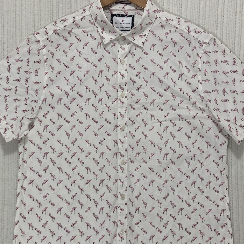 Denim & Flower Mens XL Slim Fit Flamingo Print Short Sleeve Button Down Shirt